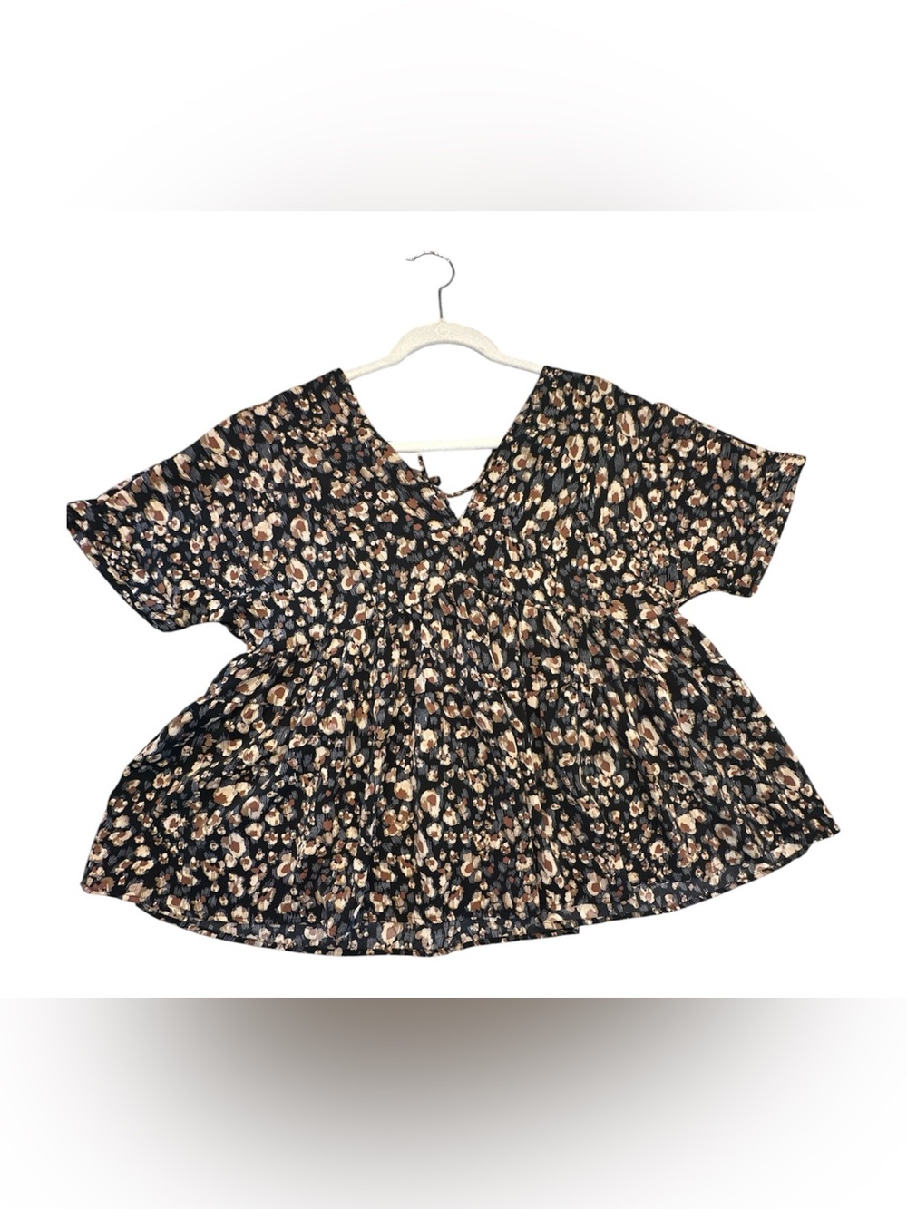 Entro Animal Print Leopard Babydoll Peplum Top Blouse Womens Small Short Sleeve